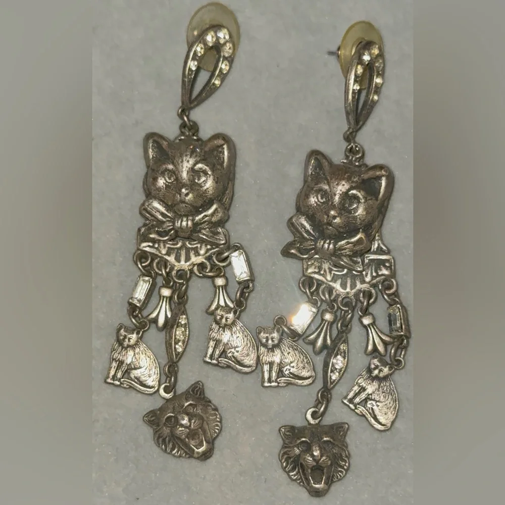 Silver Cat Charm Earrings